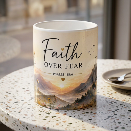 Faith Over Fear Ceramic Mug – Psalm 118:6 Inspirational Coffee Cup