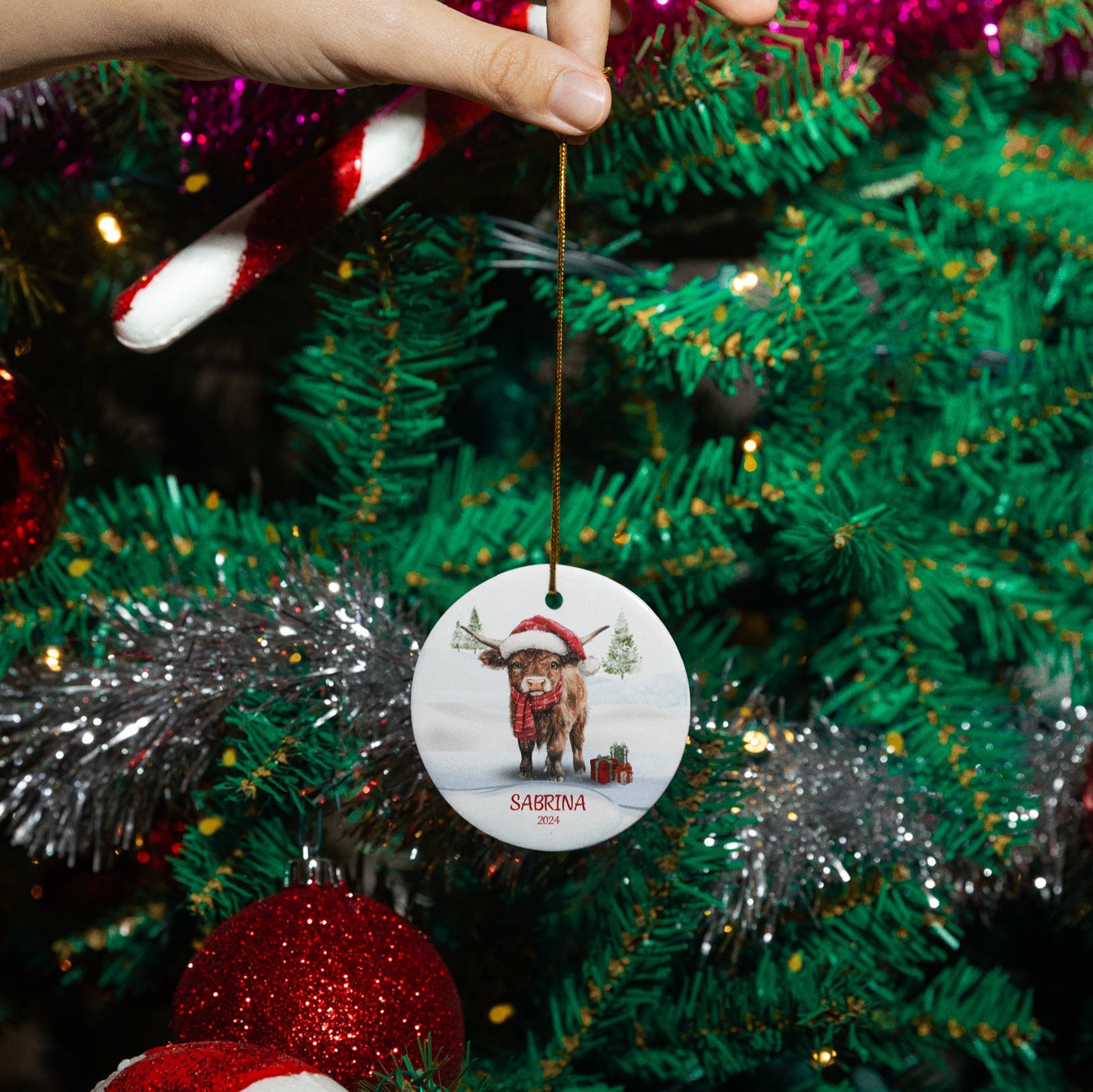 "Highland Cow Christmas" | Personalized Circle Ornament - RTS Gifts Emporium