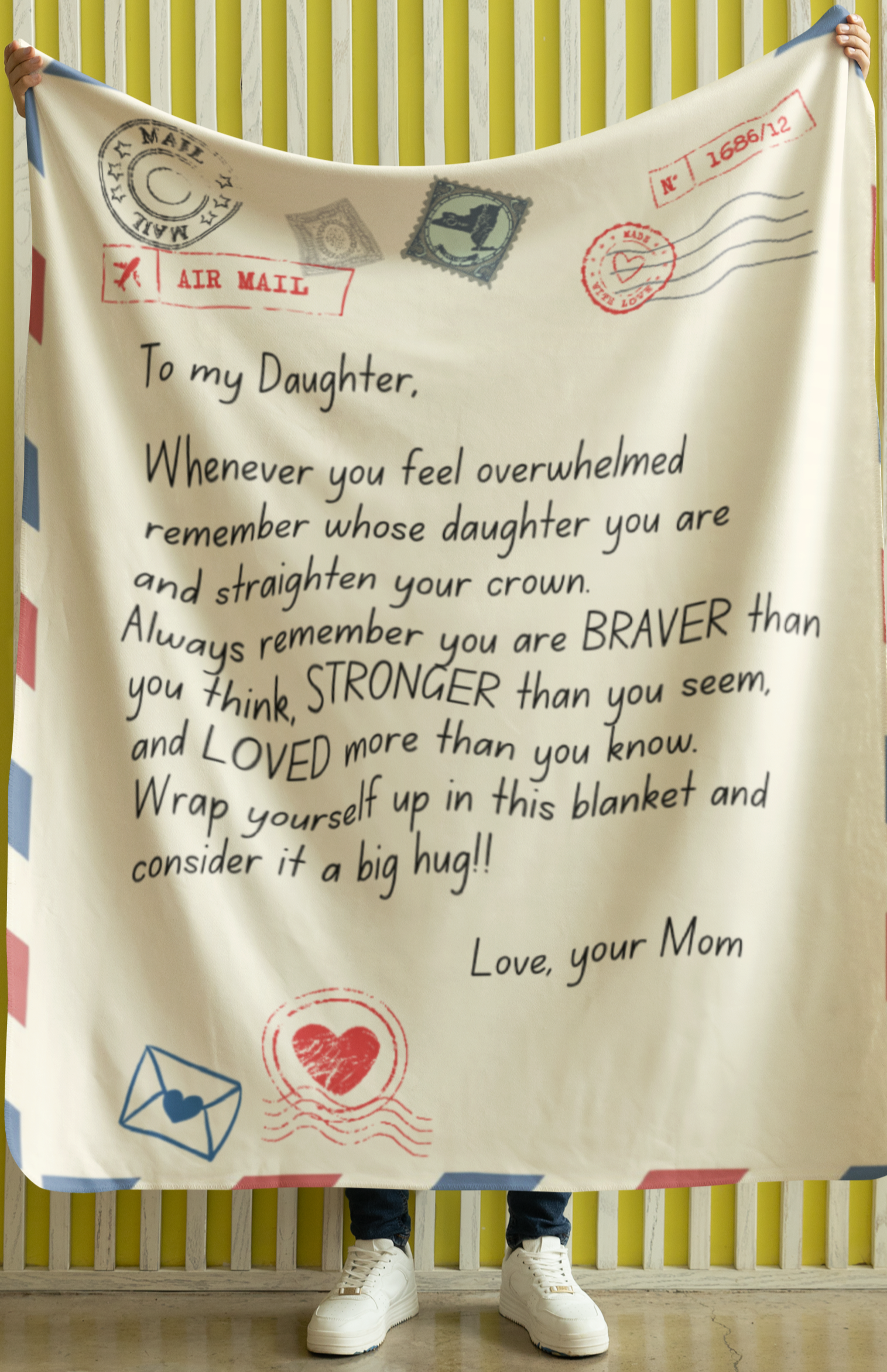 "Letter to daughter from Mom" blanket - closeup